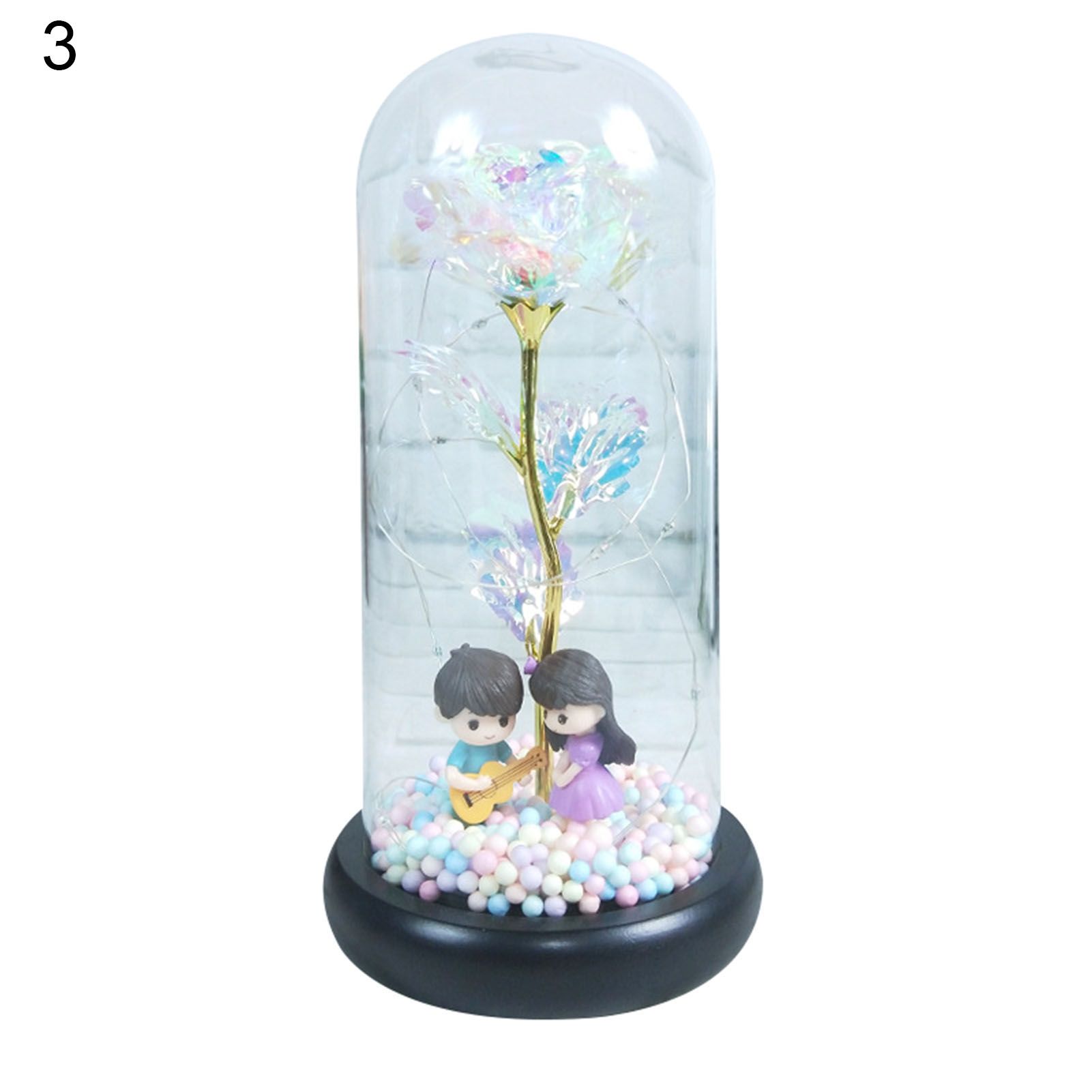 Rose Flower Decor Romantic Colorful Foil LED Glass Dome Artificial Flower Decor