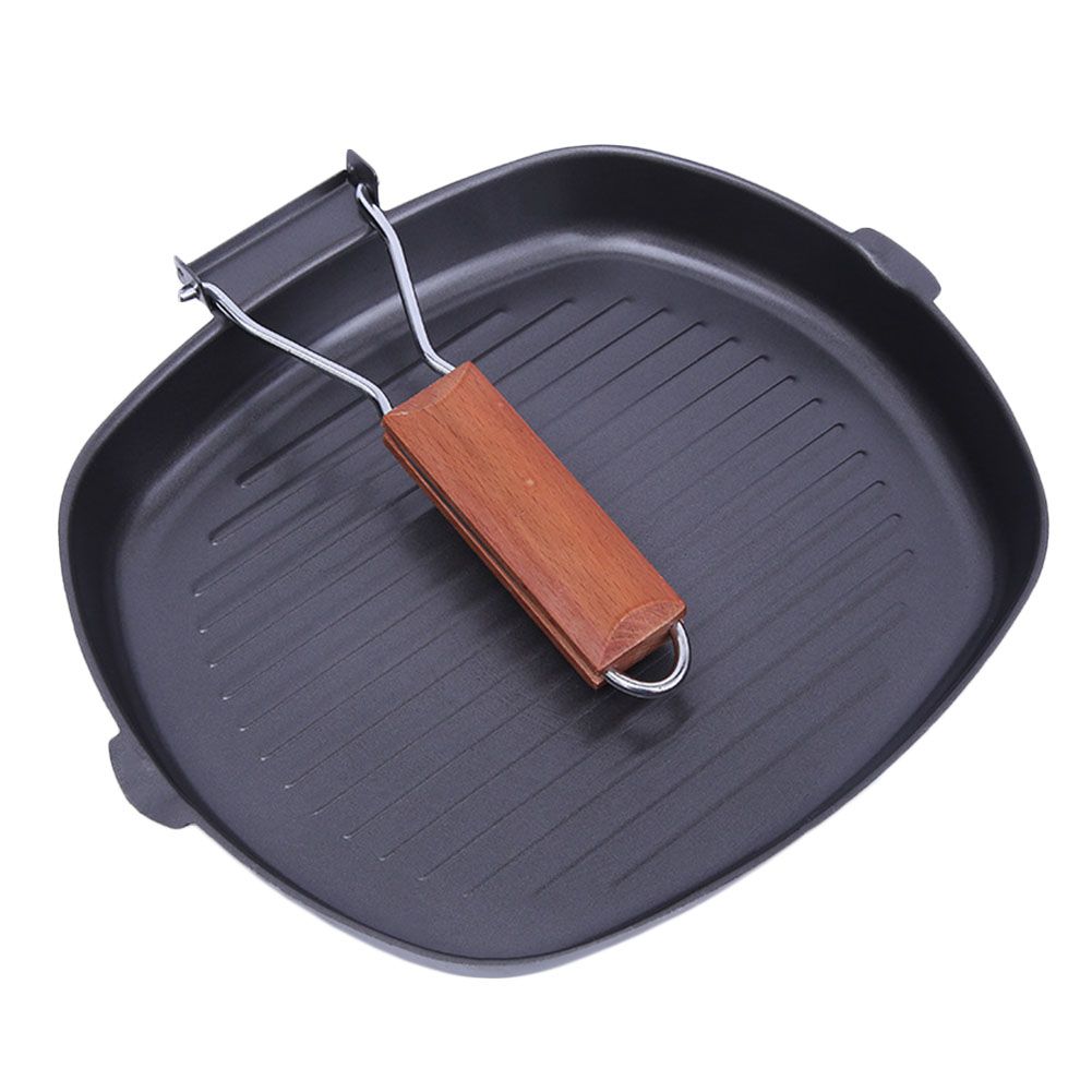 Yfashion Non-sticky Steak Frying Pan with Wooden Folding Handle Portable Square ill Pan Kitchen Accessory