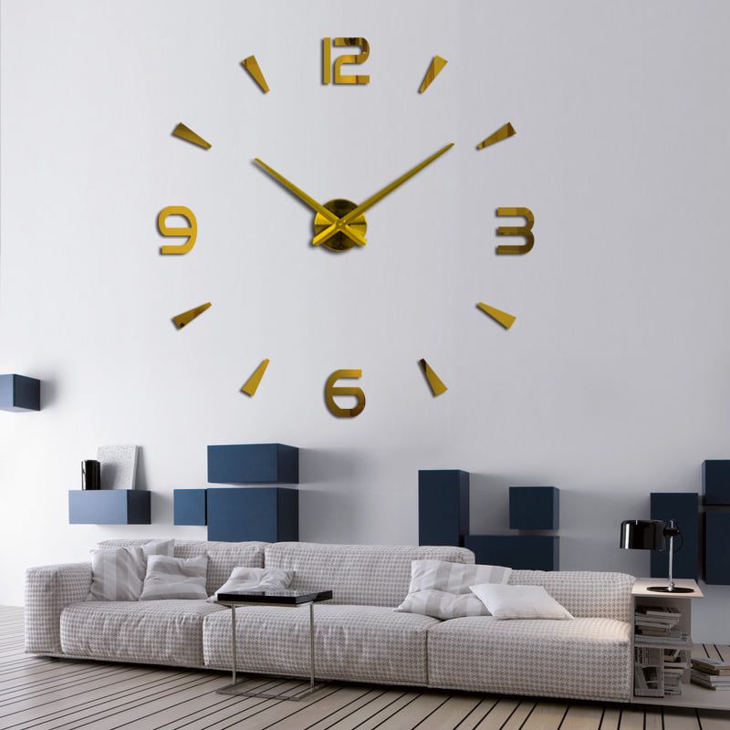 3D Digital Mirror Sticker With Wall Clock - Black