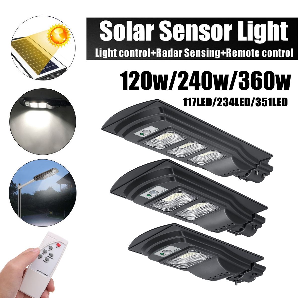 Durable 117LED/234LED/351LED Solar Street Light Powered Wall Lamp Radar +Timing + Body PIR Motion Sensor IP65 Waterproof Light Bulb Garden Patio Light Outdoor Path Security Night Lights