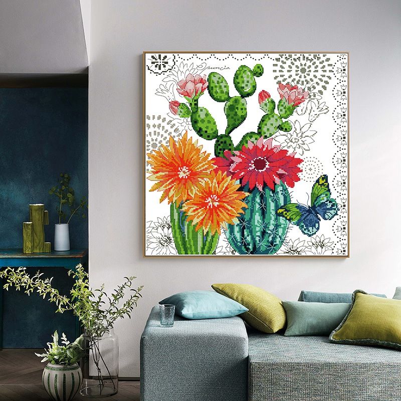 Cross Stitch Stamped Kits 14CT Printed Embroidery Cloth Needlepoint Kits Easy Patterns for Beginners Prickly Pear Flower