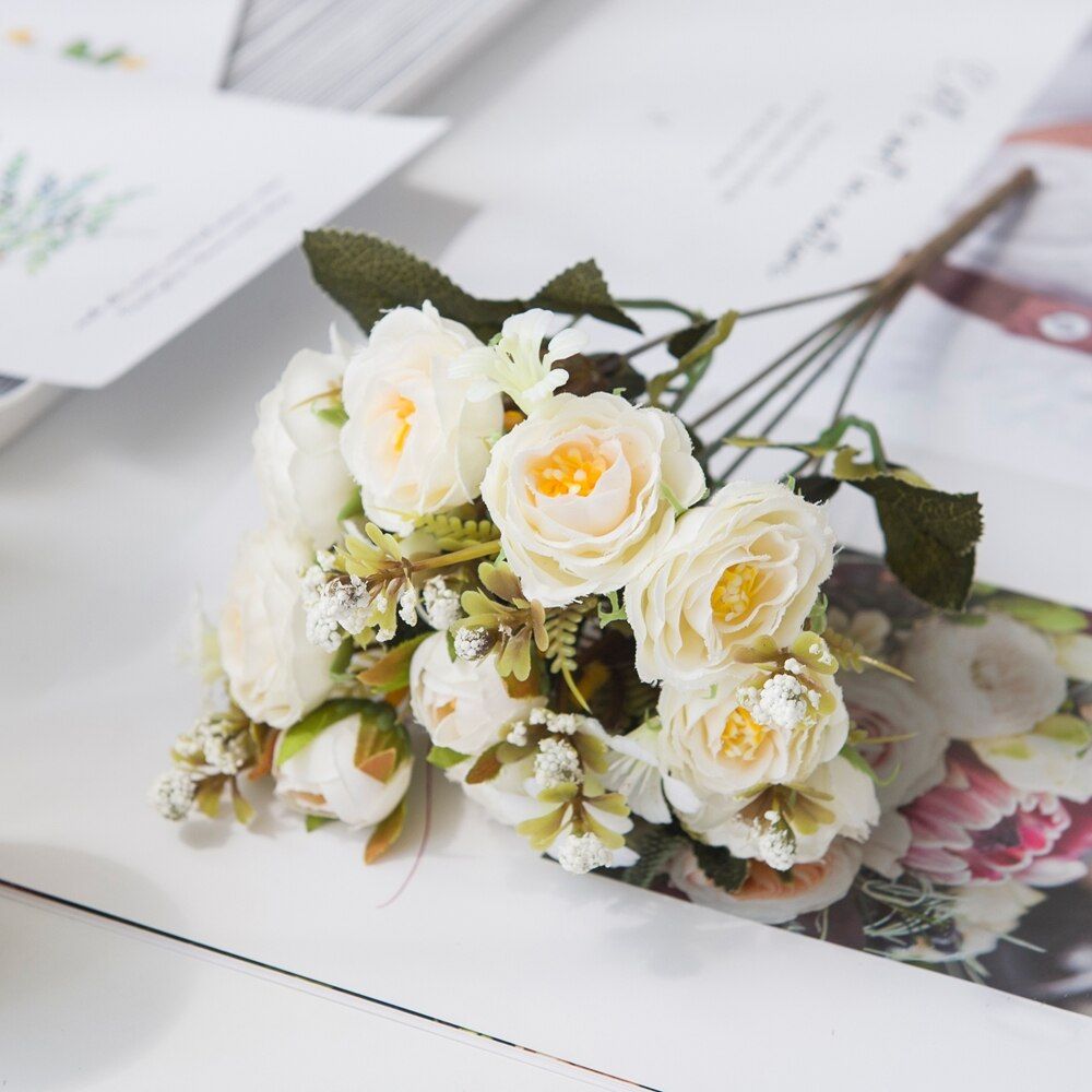 Artificial Flowers Tea Rose Bridal bouquet Vase for Home Decor Wedding Festival Party Decorative Flowers Wreaths Fake Floristics