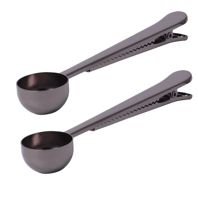 2Pack 2 in 1 Coffee Scoop with Clip,Stainless Steel Coffee Measuring Spoon with Bag Seal Clip-Titanium Black