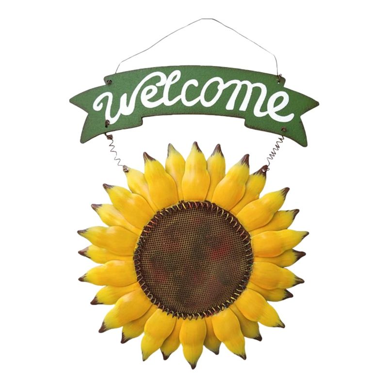 Metal Ornament with Sunflower and Watering Can Design Welcome Sign Suitable for Door Hanging Home Garden Decoration