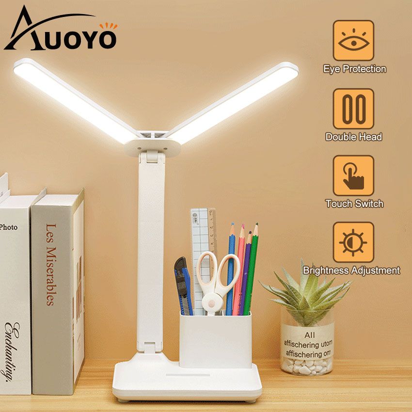 Auoyo Table Lamp Double Light Tube Foldable Dimming Charging Plug Dual-Purpose Touch Table Lamp Eye Protection Adjustable 3 Colors Desk Lamp Mobile Phone Holder Bedroom Bedside Lamp