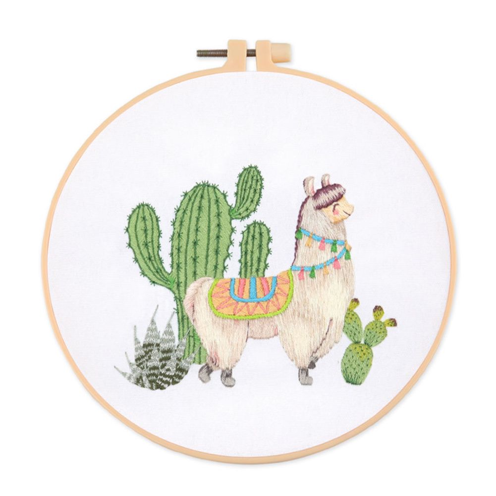 GC Simple Embroidery  Starter  Kit Water-soluble Cactus Alpaca Pattern Diy Material Package Canvas 30x30cm 20cm Imitation Bamboo Hoop color:1