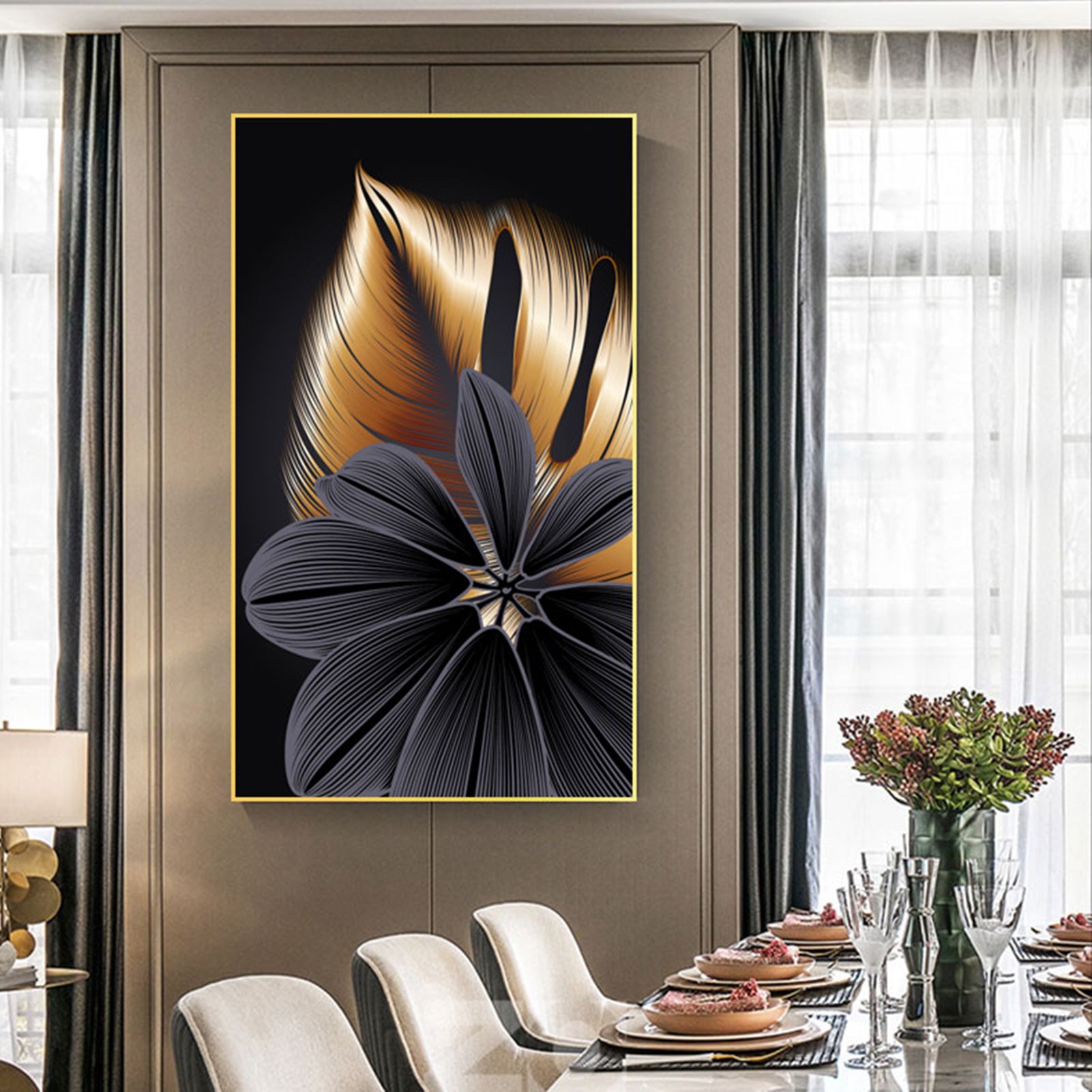Modern Style Golden Black Leaves Flower Patterns Art Painting Frameless Picture