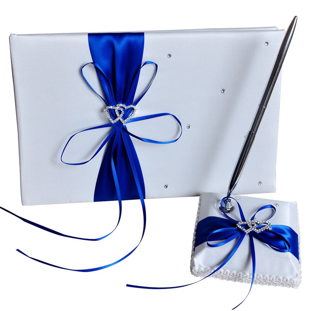 GC Ribbon Bow Wedding  Supplies Set Guest Signature Book+pen Holder For Party color:Sapphire