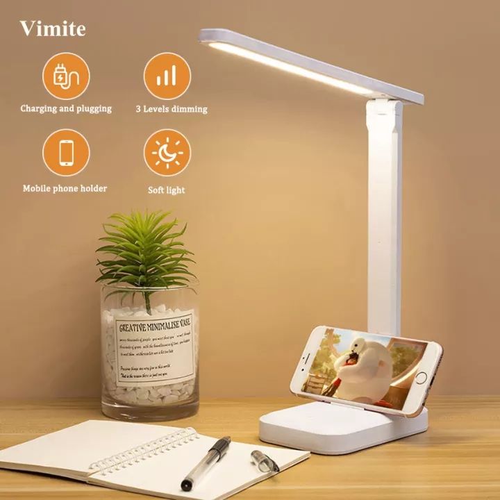 Vimite LED Table Lamp Study Light Foldable USB Rechargeable Desk Lamp 3 Modes Touch Dimming Eye Protection Reading Lights with Phone Holder for Student Room Bedroom Office Warm White