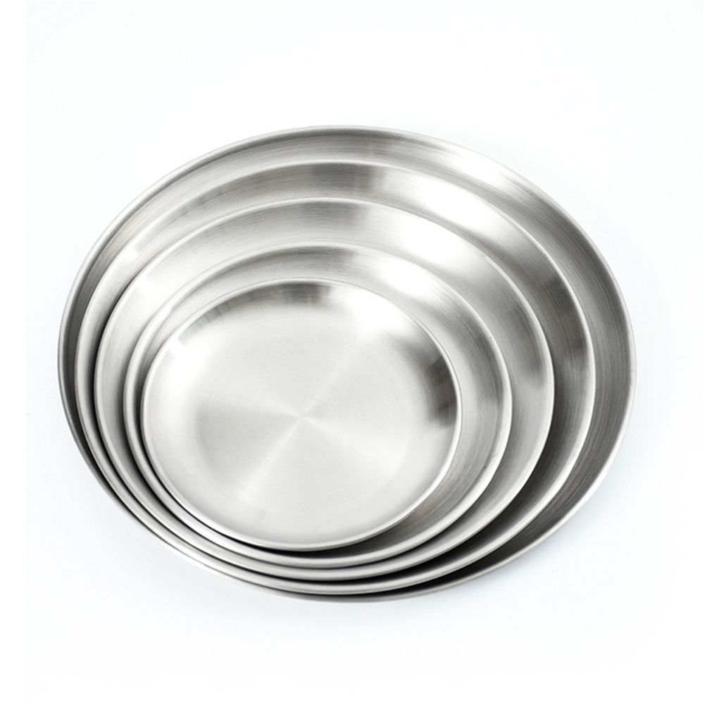 GC 304 Stainless Steel Dinner Food  Plates Round Thicken Cake Fruit Tray Kitchen Dishes Tools color:304 Brushed specification:14cm