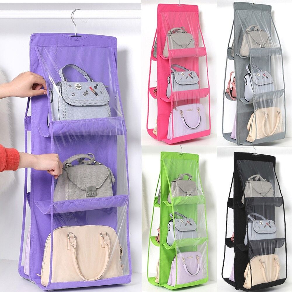 6 Pocket Hanging Handbag Organizer for Wardrobe Closet Transparent Storage Bag Door Wall Clear Sundry Shoe Bag with Hanger Pouch