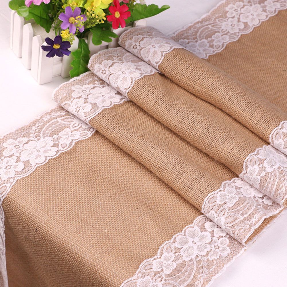 Yfashion 30X275CM Vintage Lace Jute able Runner Burlap Party Supplies Wedding Festival Decoration Chair Runner Style:C style