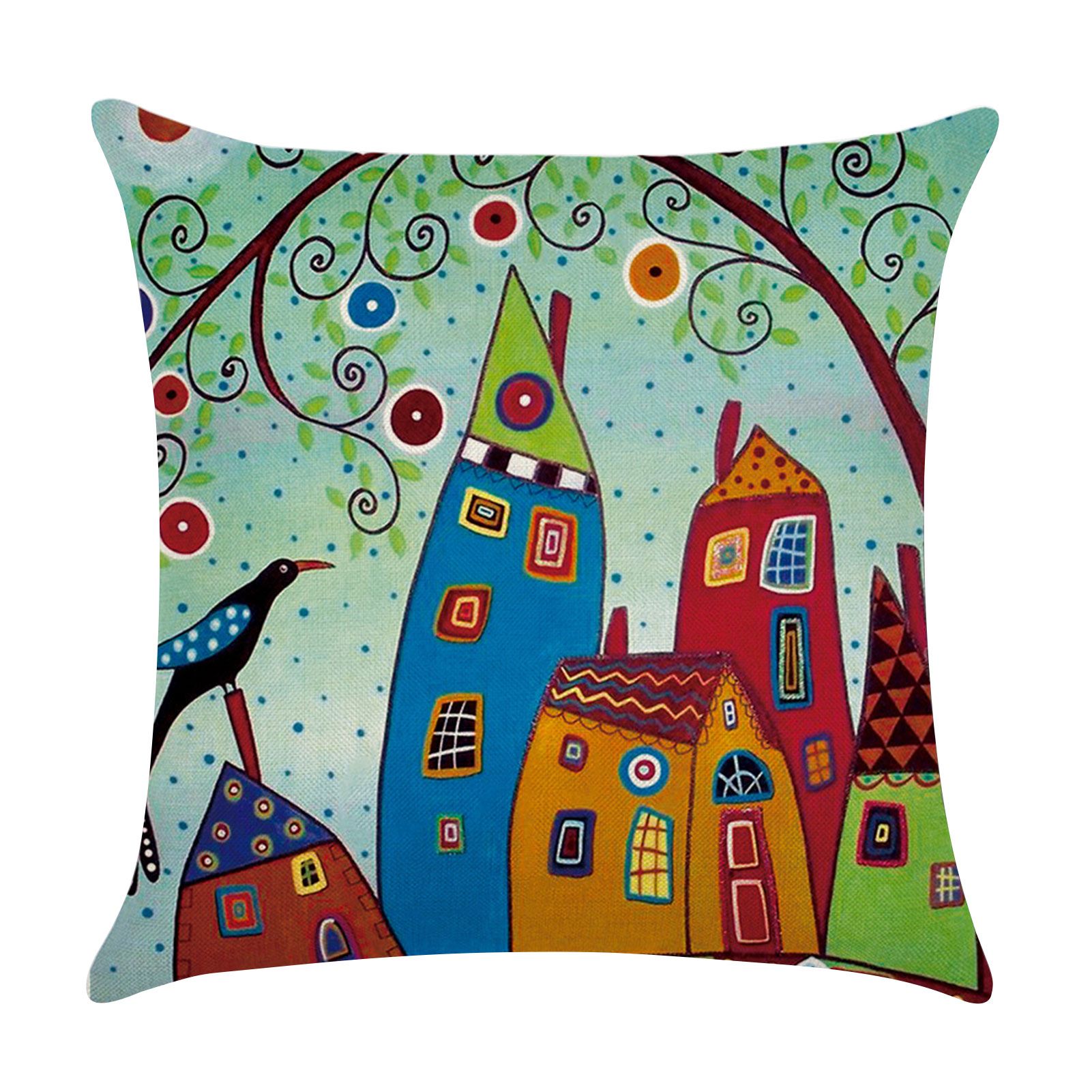 Pillow Cover Cartoon Country Painted Pattern Flax Square Waist Throw Pillow Cover for Sofa