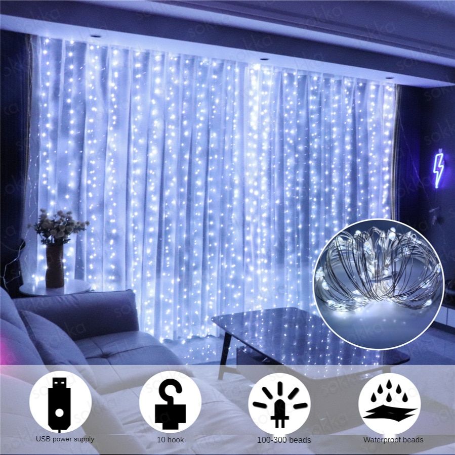 5V USB Copper Led String Lights With Hook 6W Christmas Fairy Lights Room Curtain Decor Wedding New Year Garden Party Decoration--Cold White--5M 50LED NO HOOK