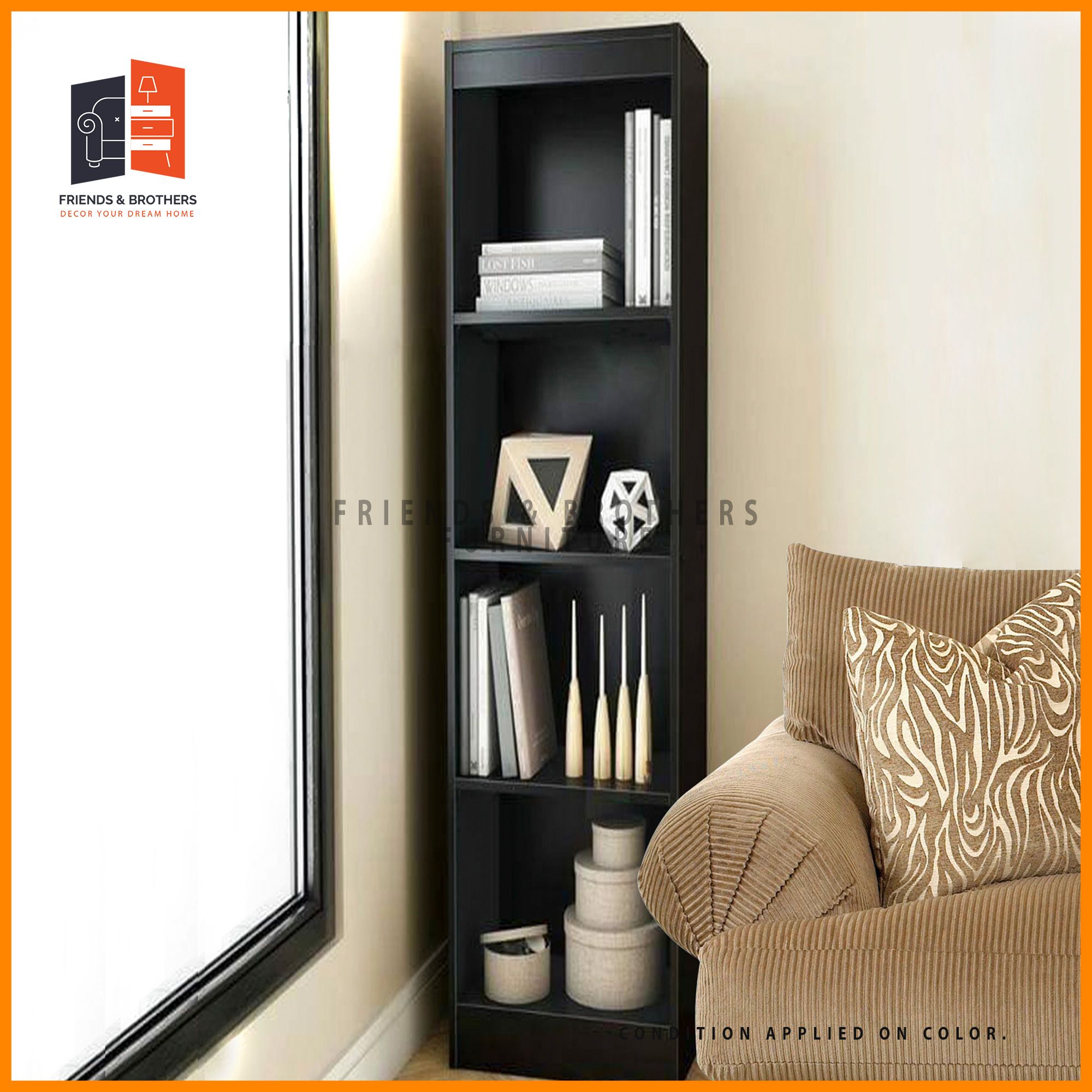 Narrow Open Book Shelf - 4 tier. Multipurpose Display Shelf - Cupboard - Storage - Rack. Melamine Laminated Board. Color - Black. Size- H48"X D12"X W18" Inch.