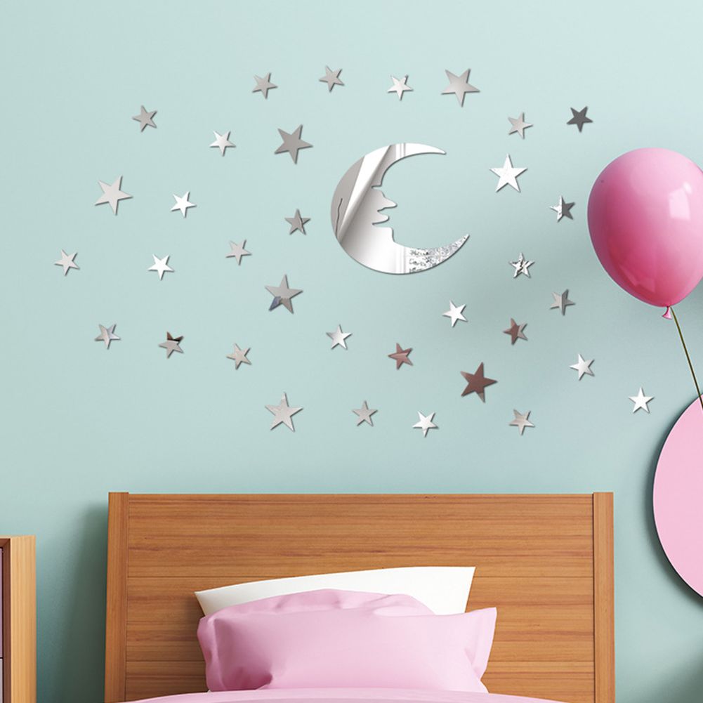 Yfashion 39Pcs/Set rror Wall Stickers with Moon Star Pattern Decor for House ldren Kids Bedroom Living Room