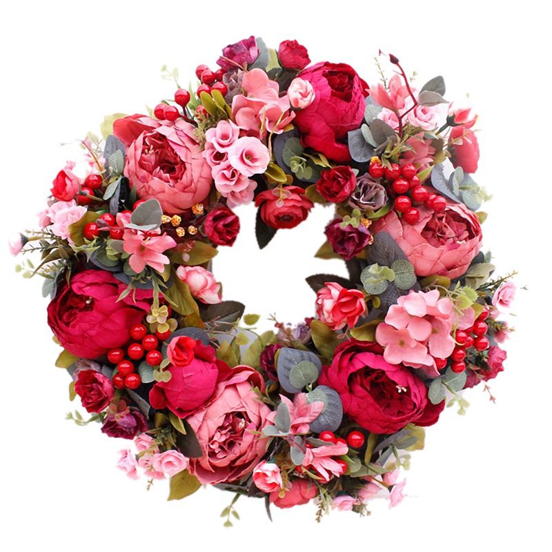Decorative Door Wreath,Silk Flower Peony ad Flower Wreath 40cm Handmade Garland for Autumn Winter Outdoor Display Red