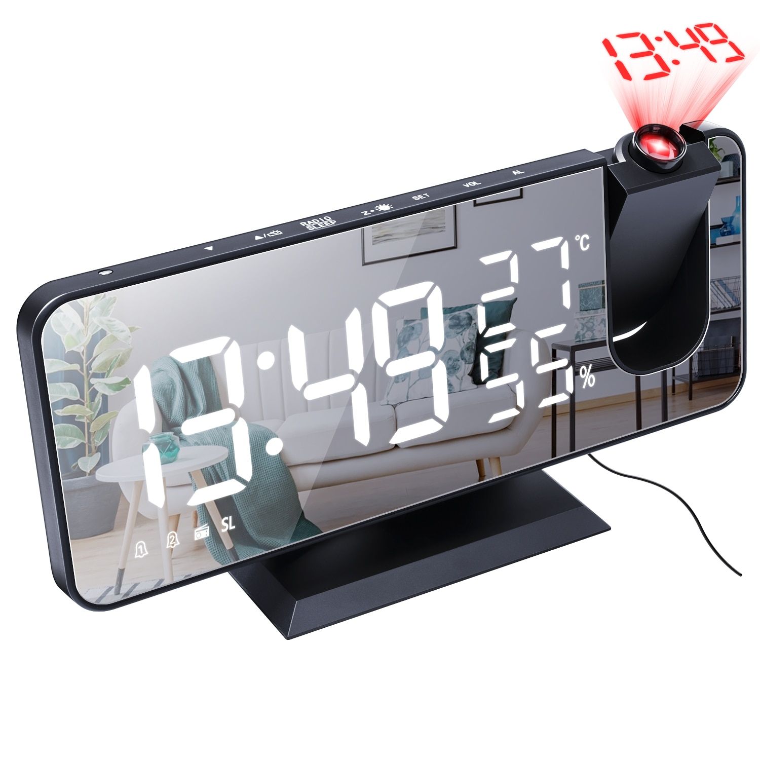 LED Digital Projection Alarm Clock Table Electronic Desktop Clocks USB Charge FM Radio Time Projector Snooze Function 2 Alarm