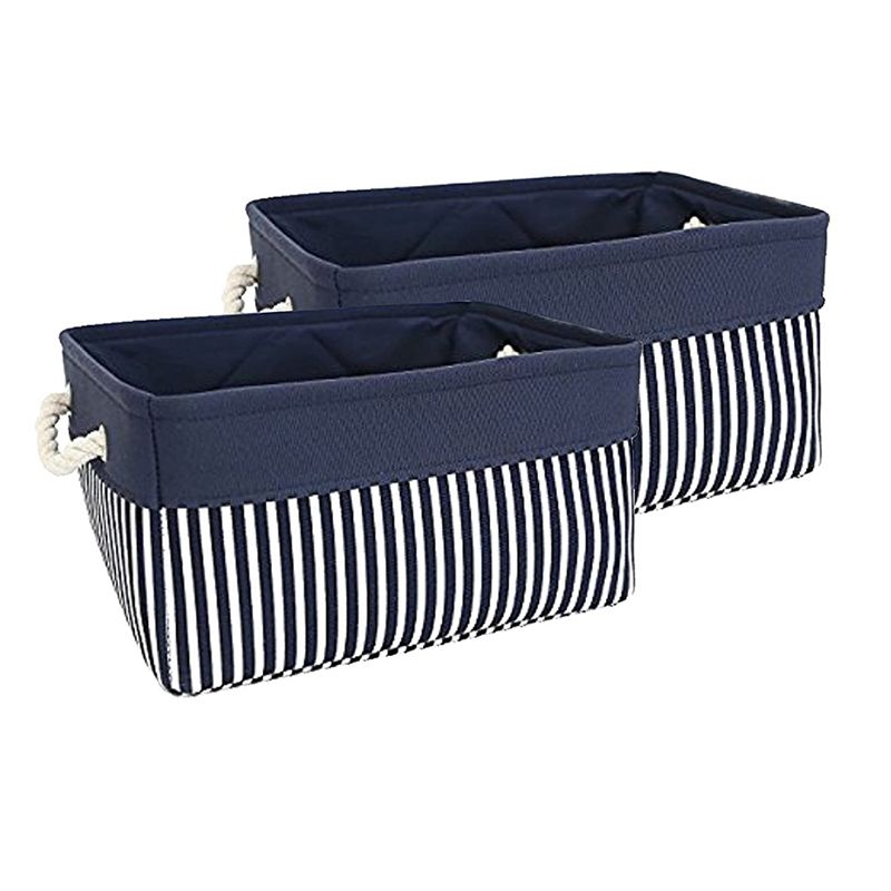 2 Pack Foldable Blue and White Striped Stitched Storage Basket Toy Storage Basket Home Organizing Basket