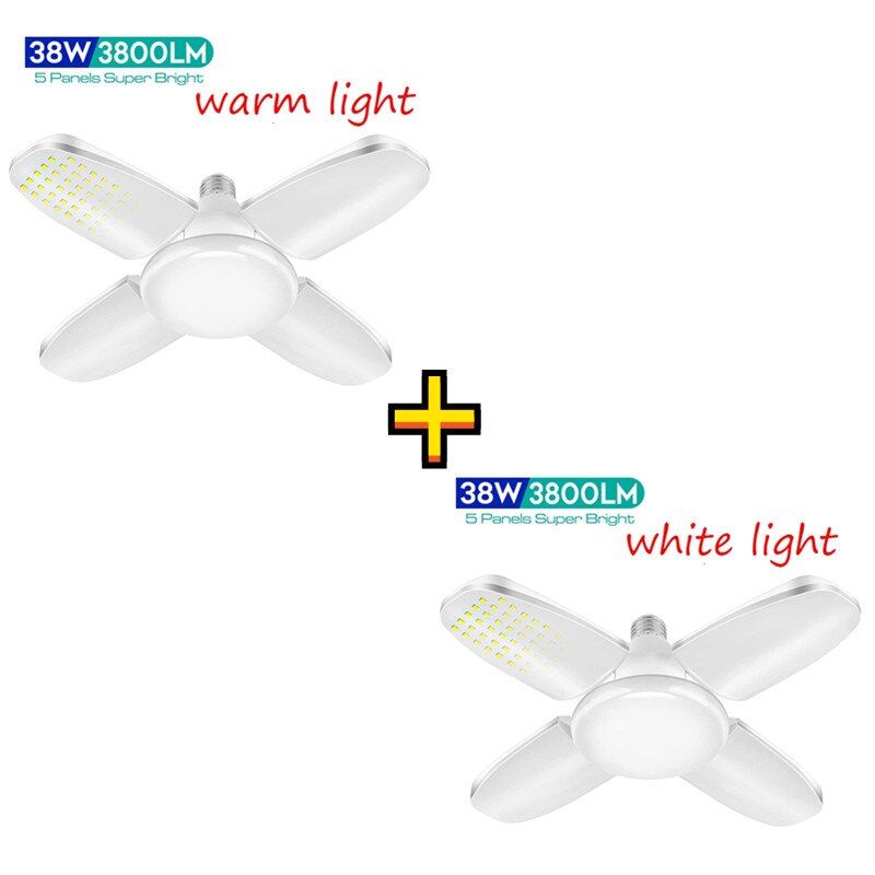 38W LED Garage Lights Foldable E27 Bulb 4 Adjustable Fan Blades Deformable Workshop Warehouse Ceiling Lighting 6500K AC85-265V