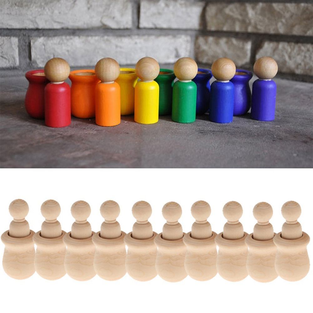 Yfashion People Nesting Peg Dolls Wooden Unfinished DIY Decor Wedding Cake opper e Ornament Kids oys Crafts 10PCS/Set  Style:Wood color