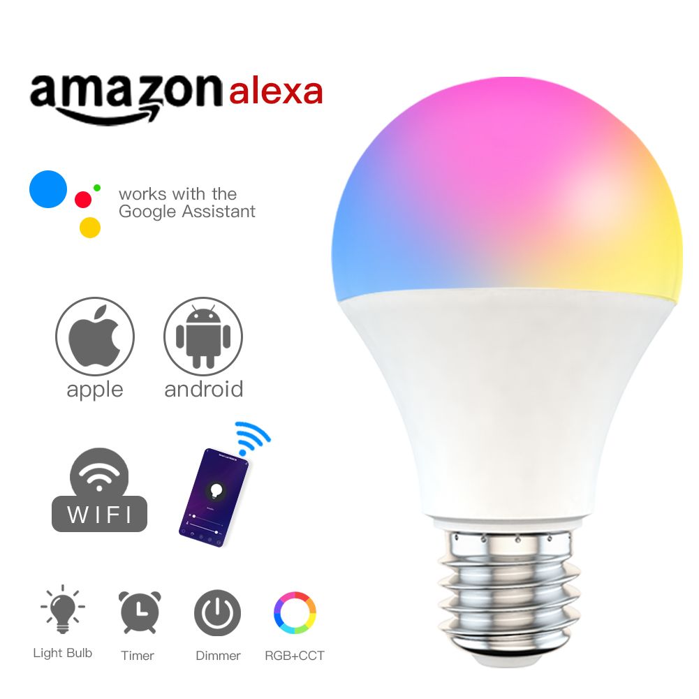 Tuya Smart Bulb Wireless App Timing LED Lights E27 E26 B22 Lamp 2700k-6500K Dimmable RGB+CCT Smart Light Bulb Voice Control Work With Alexa Google Home