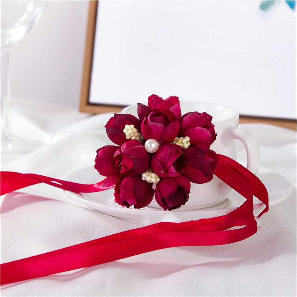 GC Wrist  Corsage, Artificial Silk Flower Bridesmaid Bracelet Wedding Accessories, Sister Group Hand Flowers Ribbon Party Prom, Marriage Decoration color:Double pink
