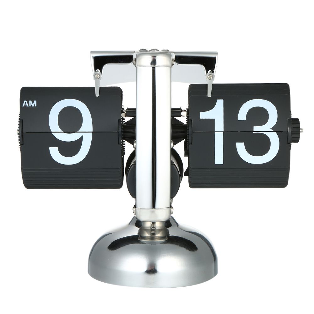 OIMG Small Scale Table Clock Retro Flip Over Clock Stainless Steel Flip Internal Gear Operated Quartz Clock Black/White