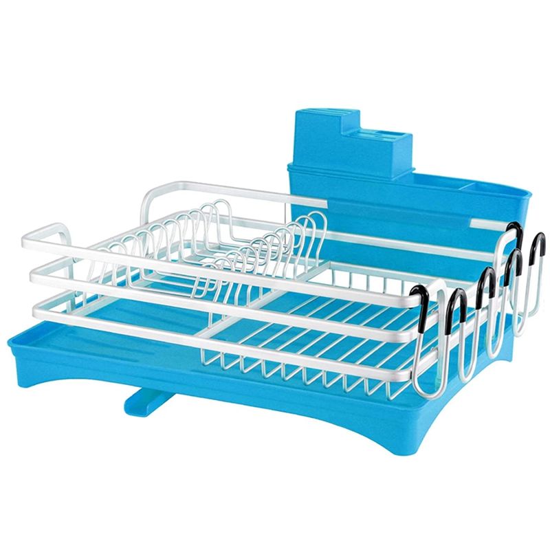 Dish Drying Rack,Rustproof Dish Rack and Draind Set,Dish Drainer with Swivel Spout,Cutlery and Cup Holder,Blue