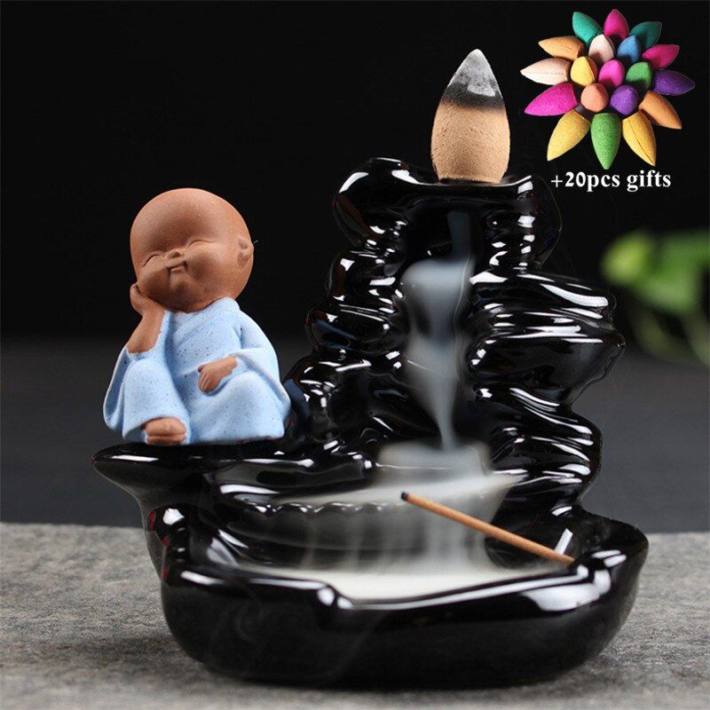 Ceramic Little Monk Backflow Incense Burner Incense Stick Holder Home Decor Aromatherapy Buddha Waterfall Censer + 20pcs Cones