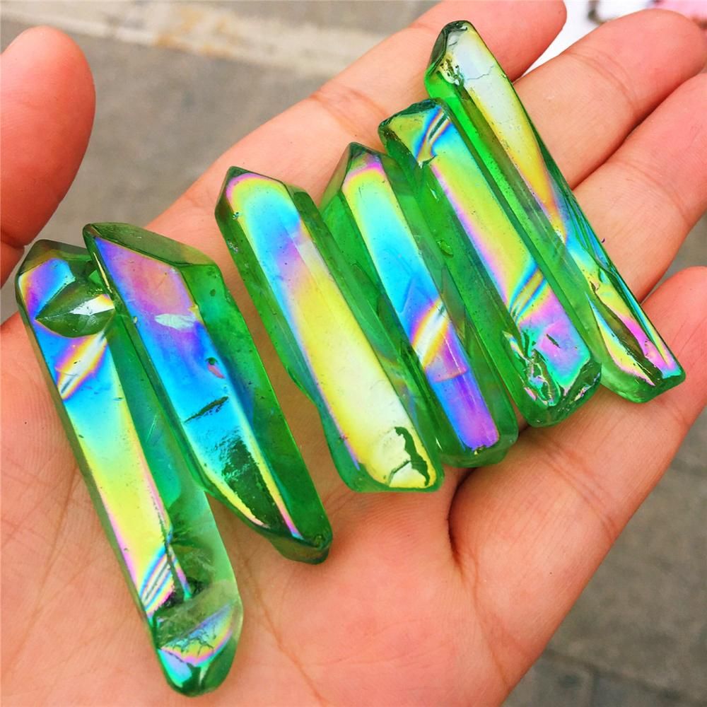 6pcs Natural crystal quartz rare beautiful green halo titanium quartz column crystal cluster mineral mineral healing specimens