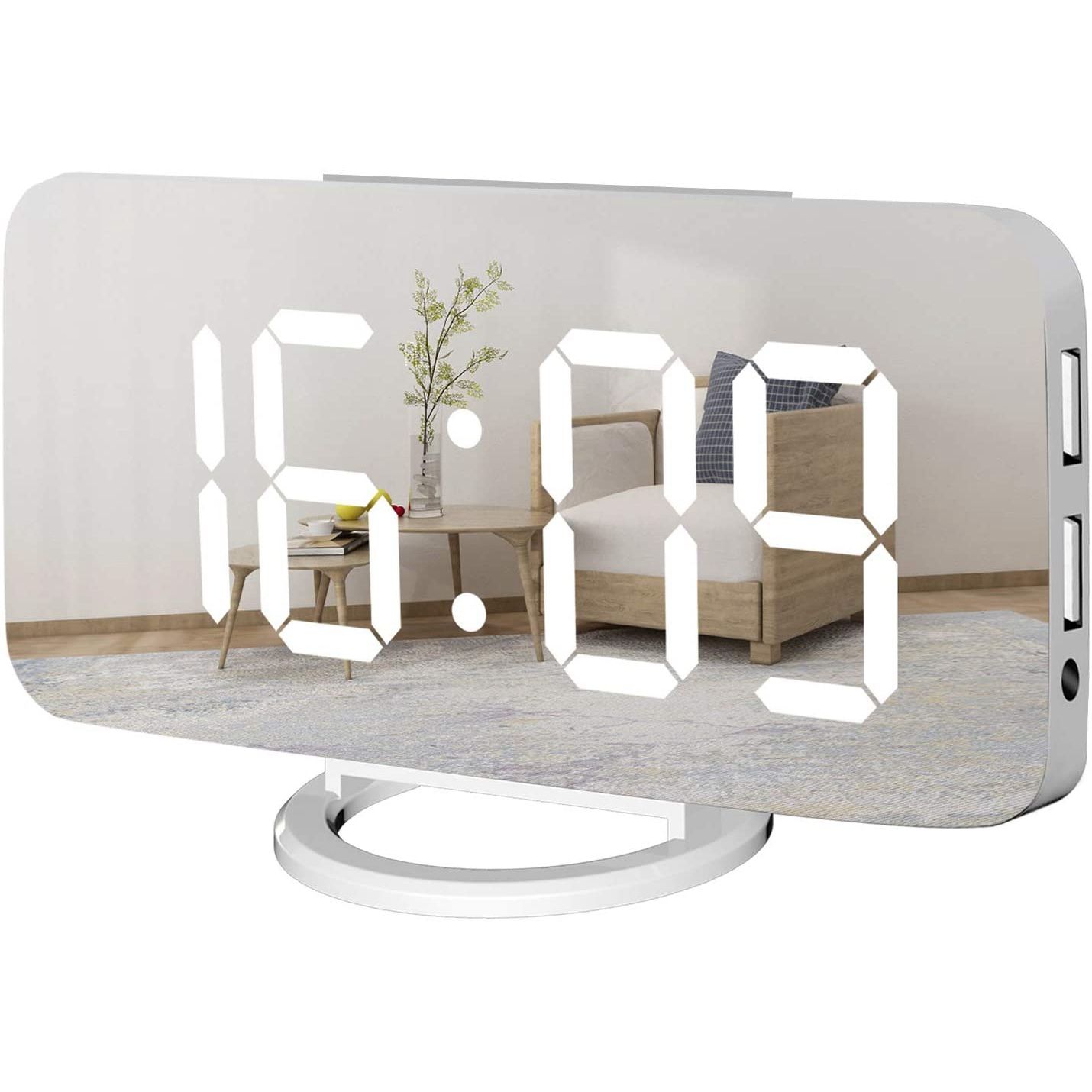 Individual Digital Alarm Clock Large Mirrored LED Display,USB Charger, Snooze Function Dim Mode Beside Desk Clock for Bedroom White