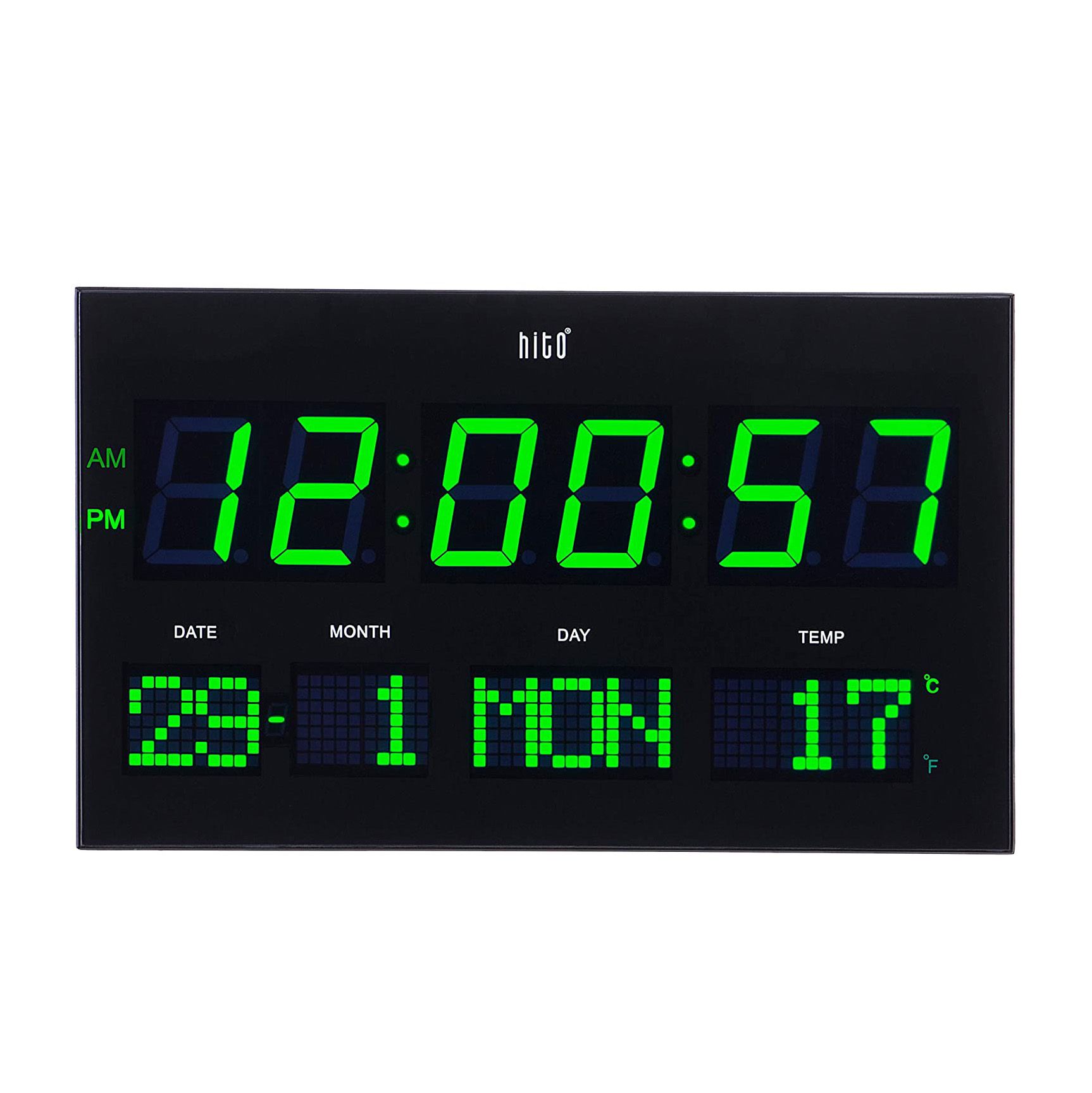 Starlet24 JH3615 LED Wall Clock with Timer Alarm Clock Snooze Calendar Temperature Large LED Display 36 x 15 cm Green