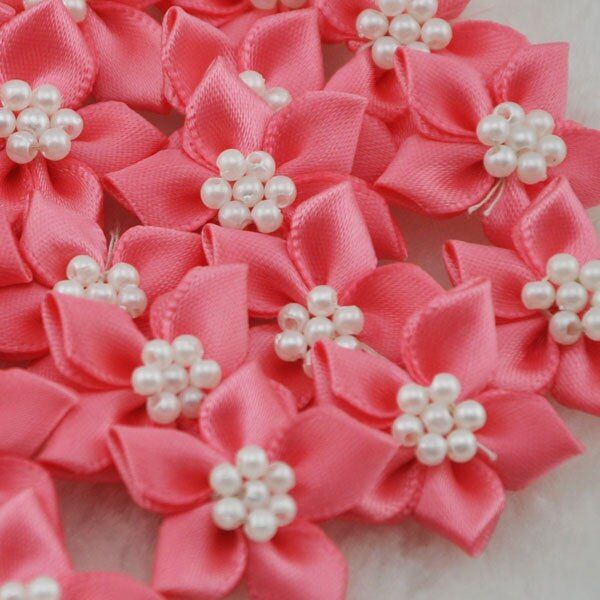 20pcs satin ribbon flowers W/pearl Appliques Craft DIY Wedding A046