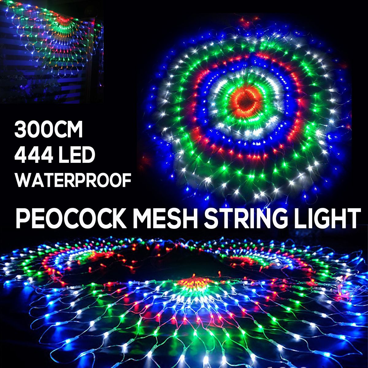 Decorate Your Life 300cm 444LEDs Peacock Net Mesh Fairy String Lights Decor Outdoor Curtain