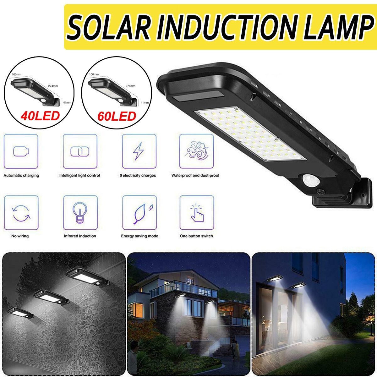 Waterproof 40/60 LED Street Light LED Solar Lamp Road Floodlight PIR Motion Sensor Wall Light Outdoor Garden Street Pathway Lamp