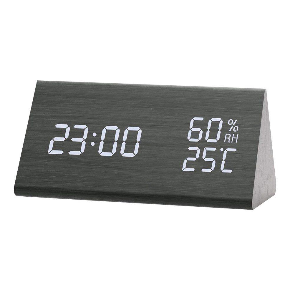 Humidity and Tature Alarm Clock Triangle Digital Baby Room Wood Clock Mute Luminous LED Electronic Gift