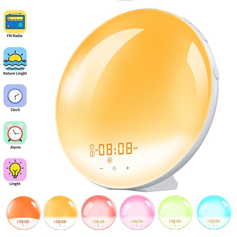 Alarm Clock Wake Up Light Smart Digital Snooze Nature Night Lamp Sunrise Colorful Light Nature Sounds FM Radio 7 Colors Sunrise
