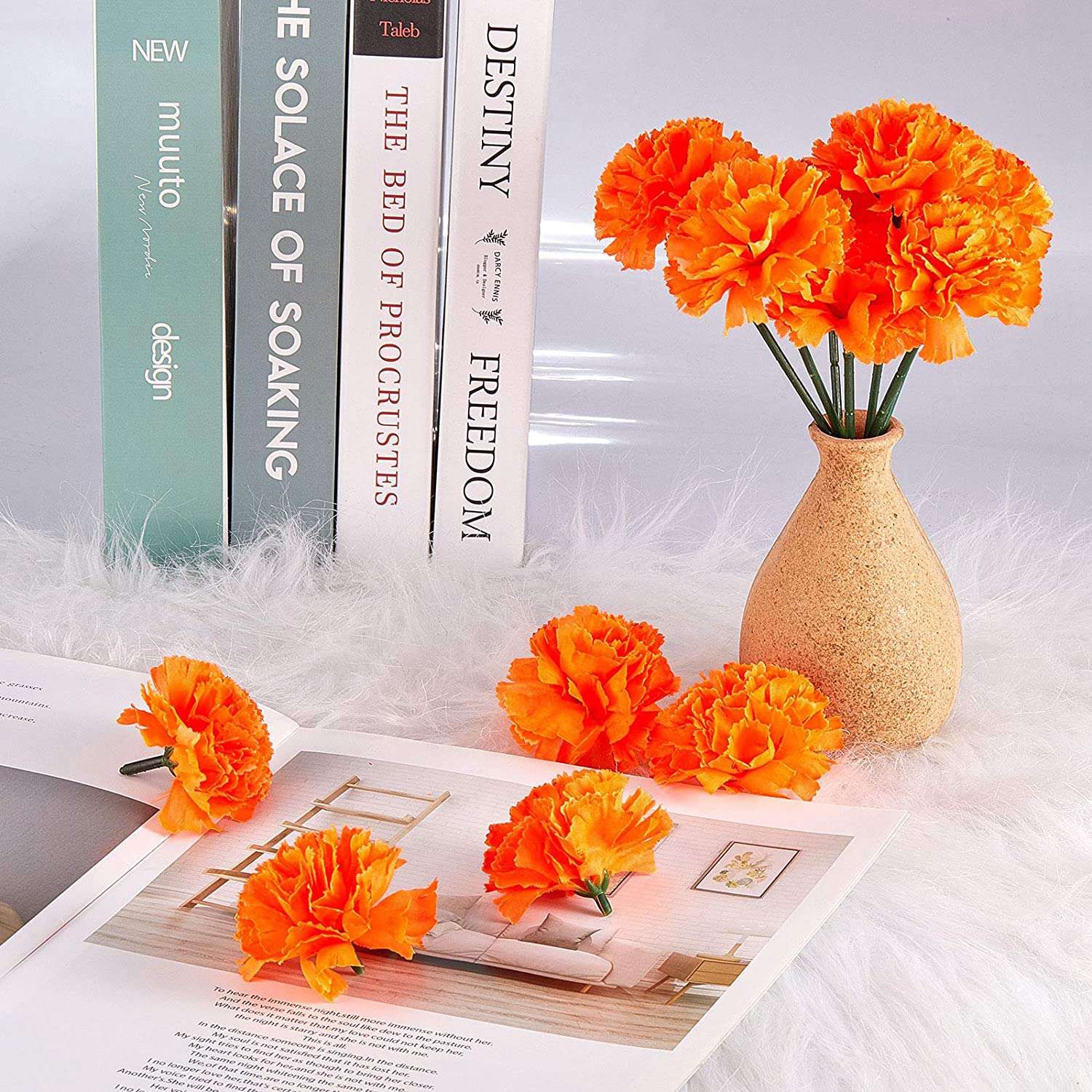 Mari Flower Heads Bulk, 100Pcs Artificial Flowers Heads for Garlands Crafts, Silk Mari Fake Flowers, Orange