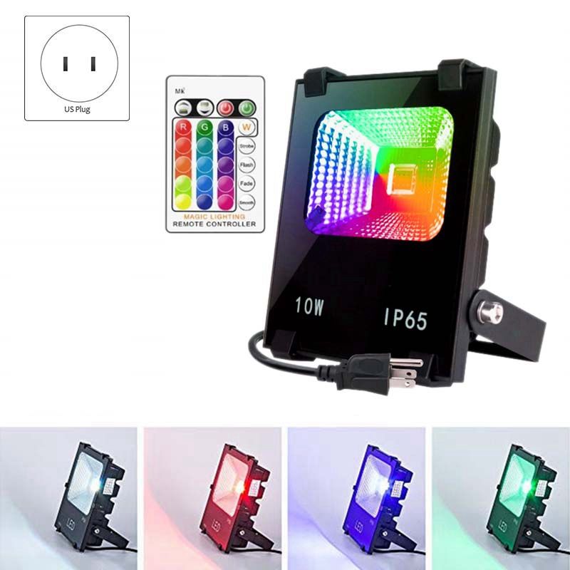 10W LED Flood Lights RGB Colorful Remote Control Spotlights IP66 Waterproof for Garden Garage(US Plug)