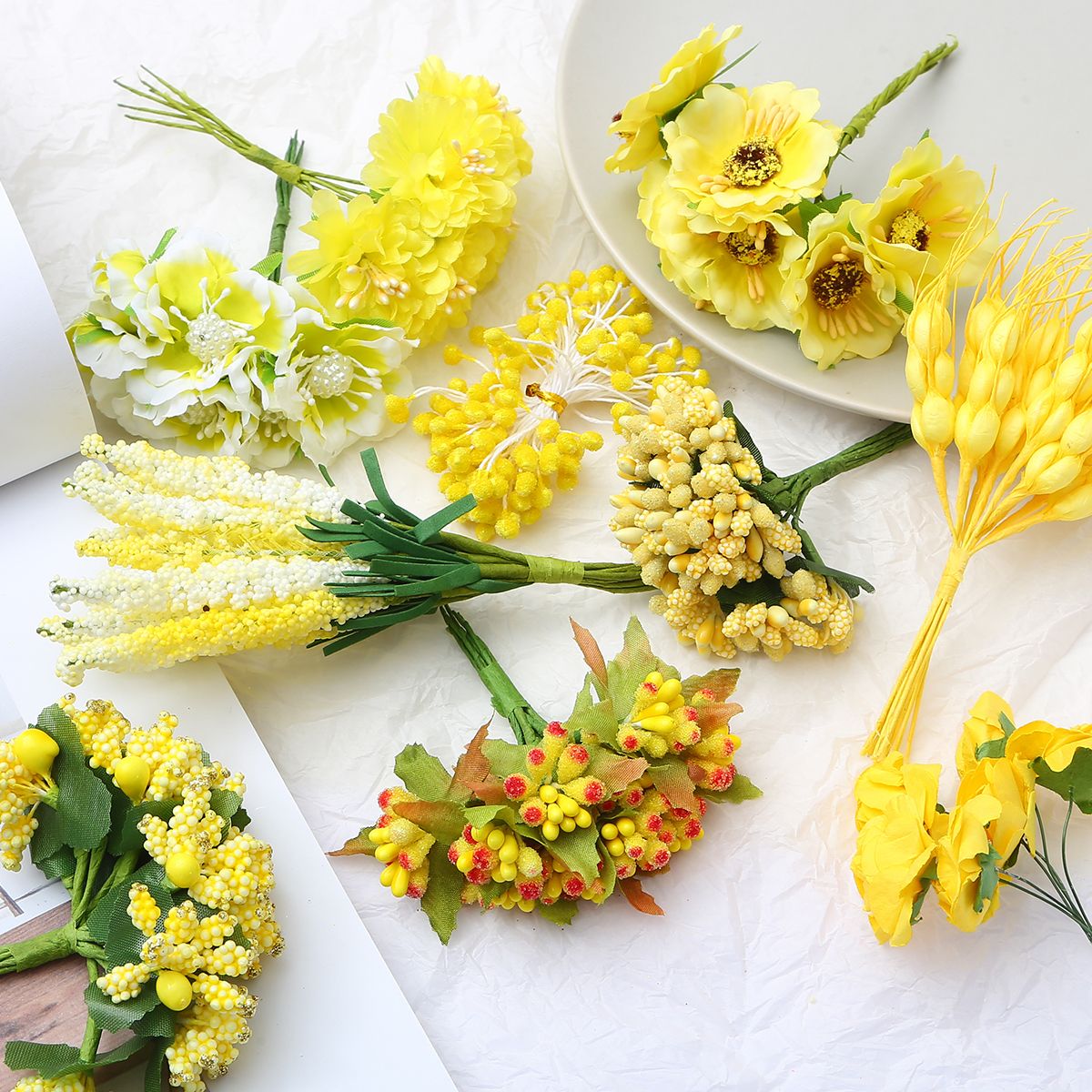 6-288pcs/pack Yellow Artificial Flowers, Decorative Scrapbook Home Wedding Birthday Decorations 60-155mm Artificial Flowers