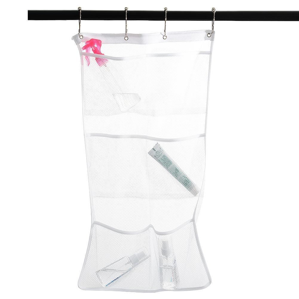 Quick Dry Hanging Bath Organizer with 6 Pockets, Hang on Shower Curtain Rod / Liner Hooks, Shower Organizer, Mesh Shower Organizer, Bathroom Accessories, Save Space in Small Bathroom Tub with 4 Rings