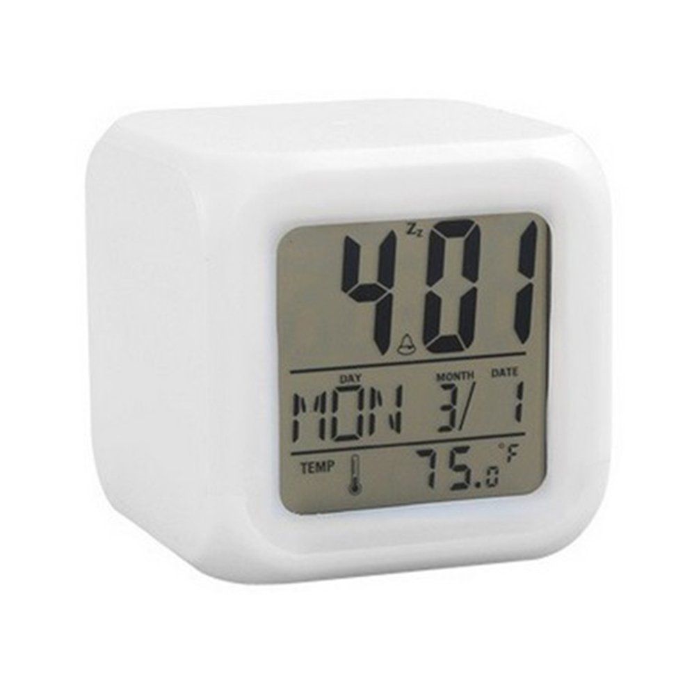 Portable 7 Colors Change Square Digital Alarm Clock with LCD Screen Home Use - white