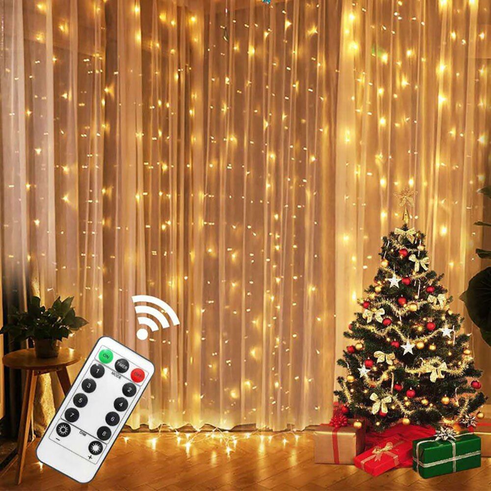 3MX3M 300LED LED Curtain String Lights Christmas Holiday LED Decoration Light Bedroom String Garland Remote Lighting with Remote Control
