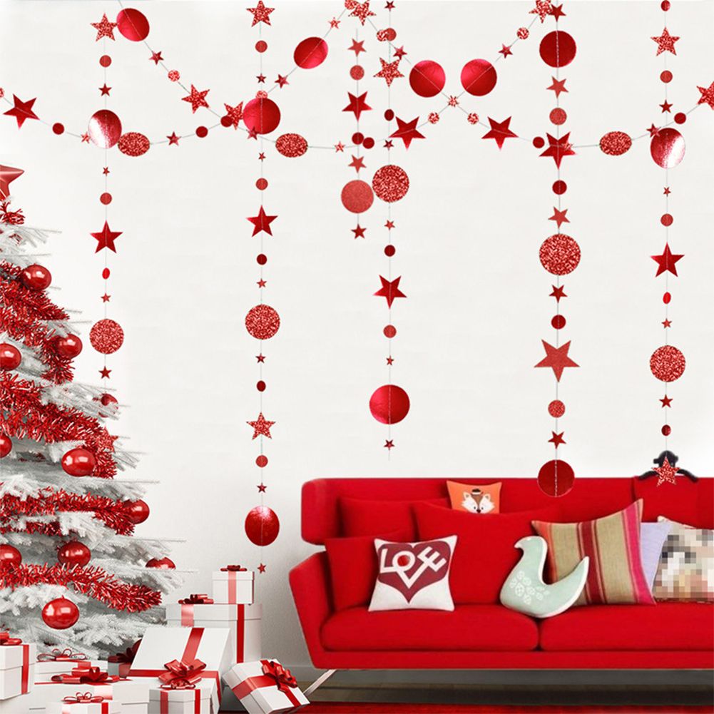 GC Christmas  Pull  Flag Red Green Stars Round Pendant Paper Garland String Banner Party Decoration color:Red green