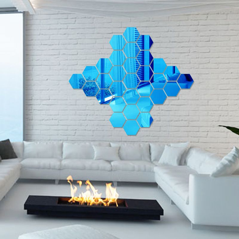 GC 12Pcs 3D Hexagon Mirror Decal Wall Stickers DIY Decor Gifts Variation:8cm + blue