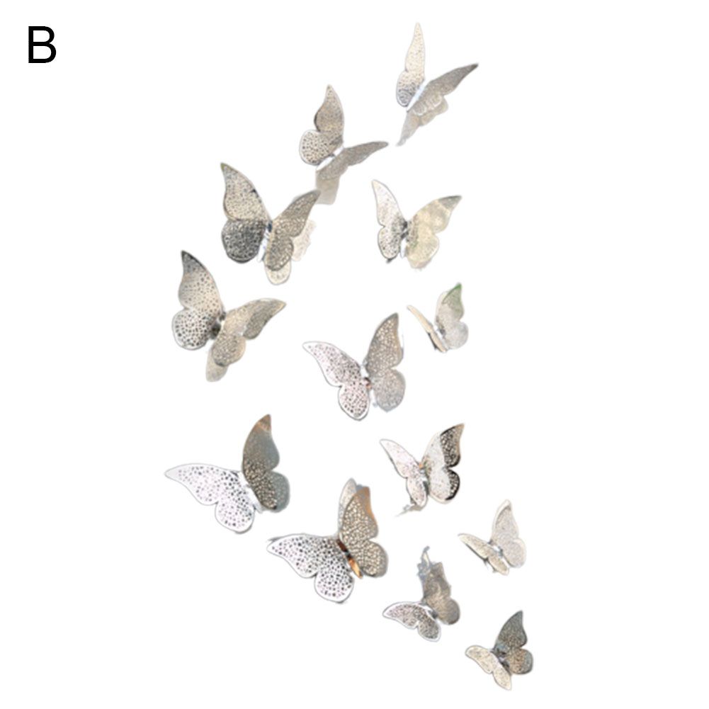 12Pcs 3D Metallic Hollow Butterfly Fridge Wall Stickers Home Bedroom Decoration