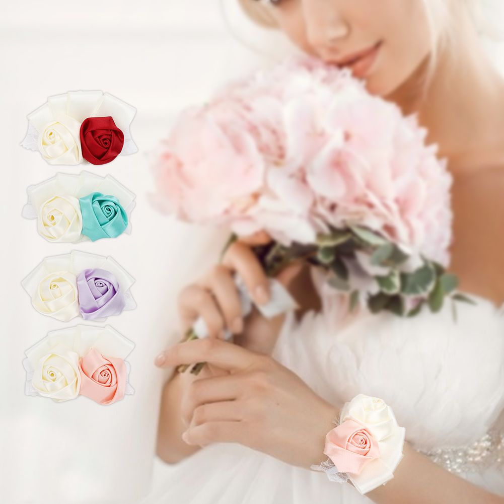 Wrist Flower 4PCS Simple Beautiful Ribbon Bridal Bridesmaid Rose Wedding Decoration Accessories