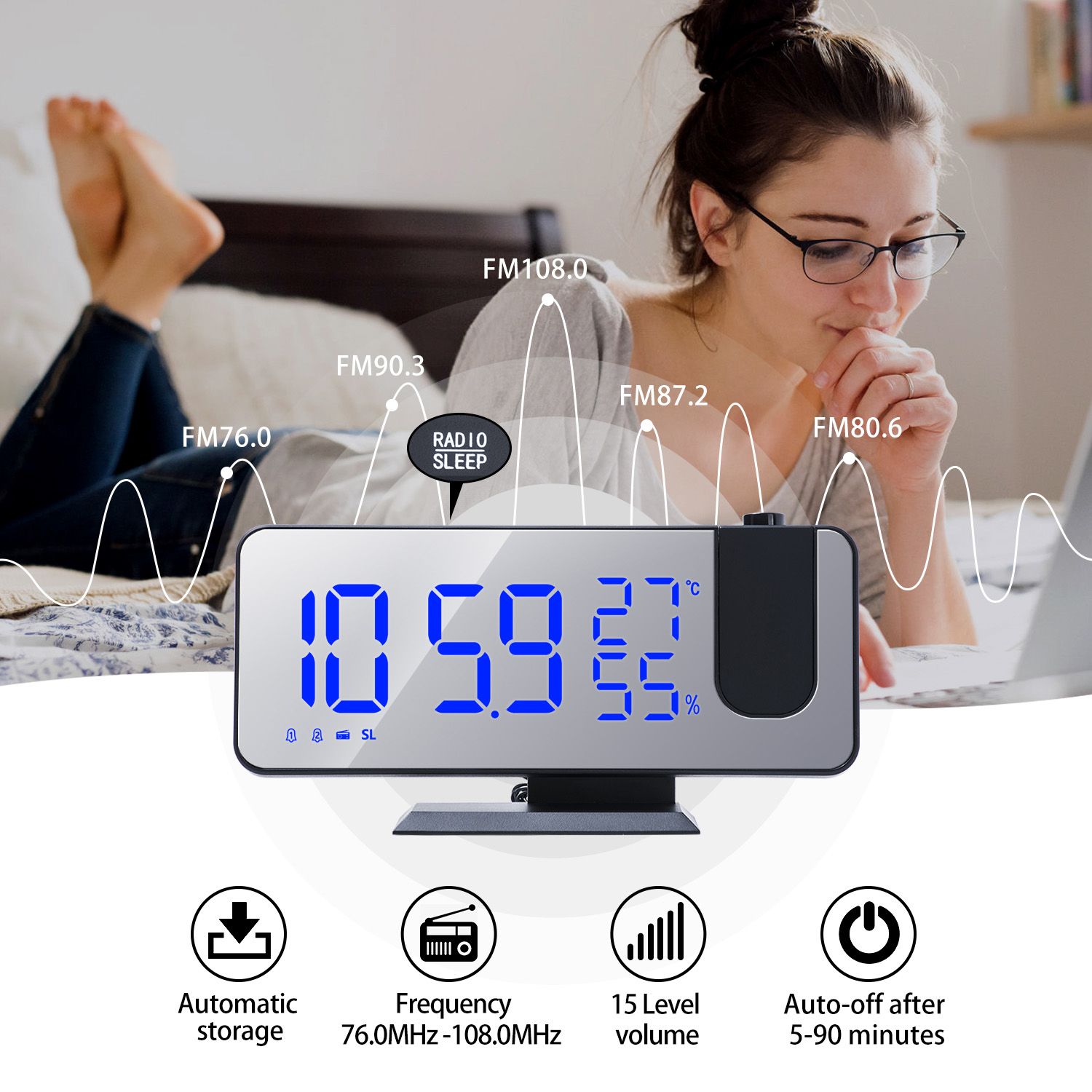 LED Digital Alarm Clock Radio Projection With Temperature And Humidity Mirror Clock Multifunctional Bedside Time Display high quality
