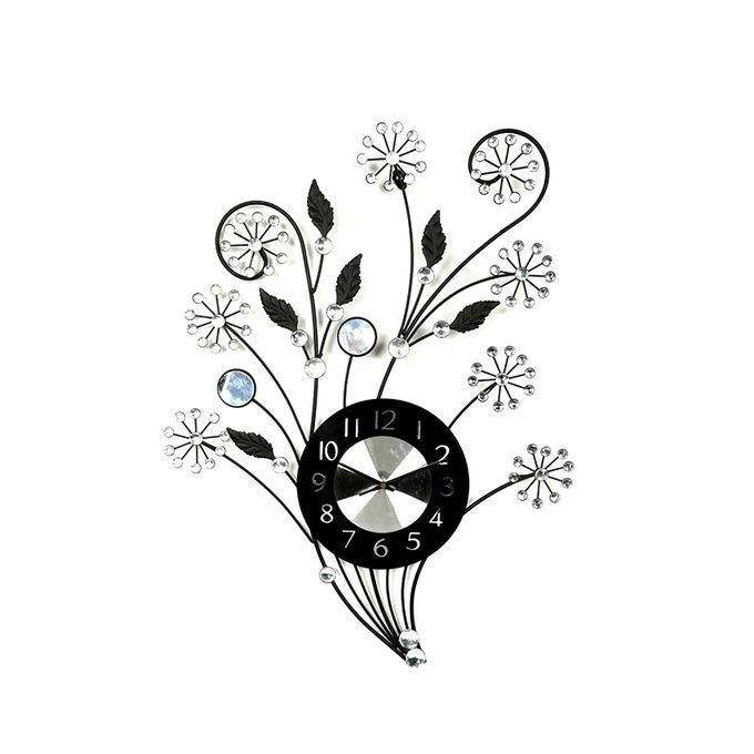 Elegant Bejeweled Flower Vine Wall Clock With Crystal - Black and Silver